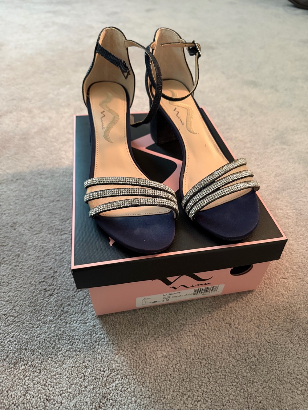 Nina Navy Rhinestone-Strap Block Heel Sandals